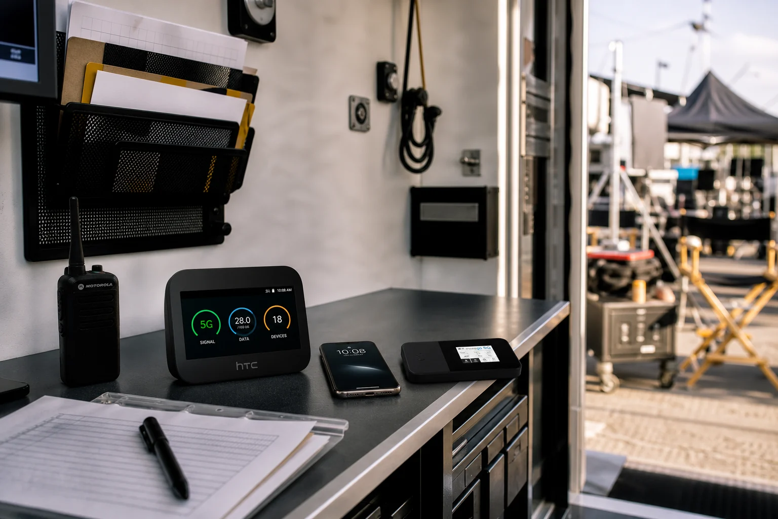 HTC WiFi hub, MiFi hotspot, and iPhone in a film production trailer
