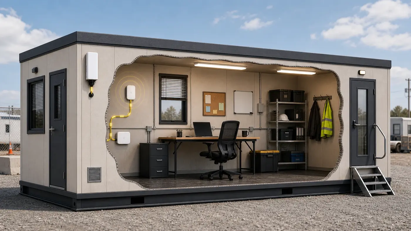 Cutaway portable office internet install showing exterior routing equipment and interior WiFi.
