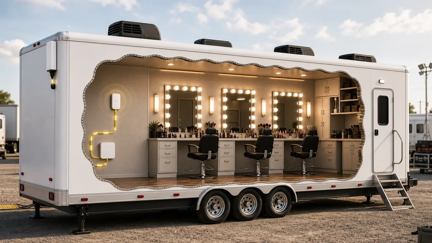 Cutaway trailer internet install showing exterior equipment, cable entry, and an interior access point.